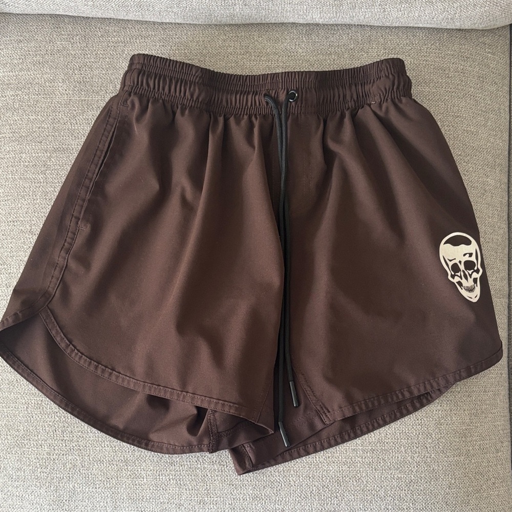 Men's Athletic Shorts in Dark Brown with Skull Accent